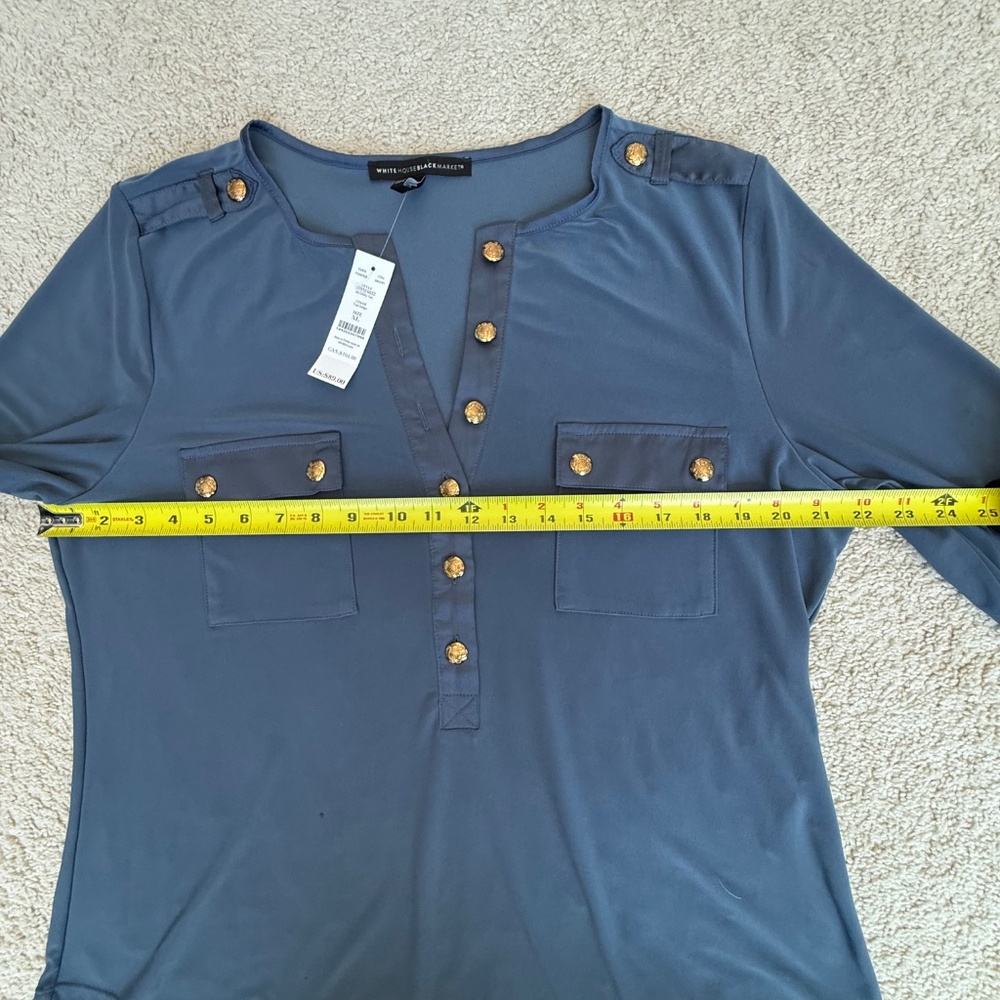 White House Black Market Blue Blouse Gold-Colored Buttons Long Sleeve Sz XL NWT - Picture 9 of 11